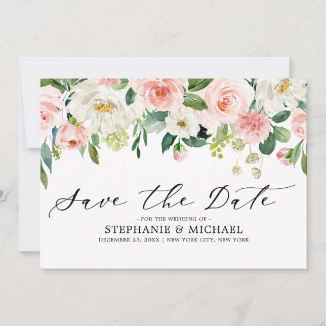 Blush Pink Florals Moderne botanische Hochzeit Save The Date (Vorderseite)