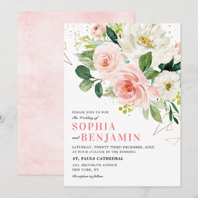 Blush Pink Florals Moderne goldene Hochzeit Einladung (Vorne/Hinten)