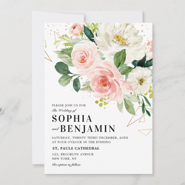 Blush Pink Florals Moderne goldene Hochzeit Einladung (Vorderseite)