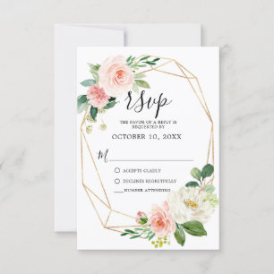 Blush Pink Florals Moderner geometrischer Goldrahm RSVP Karte