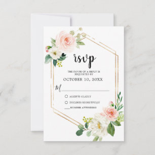 Blush Pink Florals Moderner geometrischer Goldrahm RSVP Karte