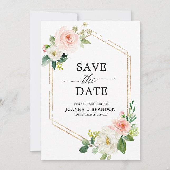 Blush Pink Florals Moderner geometrischer Goldrahm Save The Date (Vorderseite)