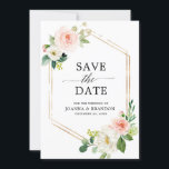 Blush Pink Florals Moderner geometrischer Goldrahm Save The Date<br><div class="desc">Elegante Blush rosa / pfirsichfarbene, blumengeschmückte botanische Save the Date-Karte mit einem Strauß von weichen pastellfarbenen Rose, Peonies und Hydrangeas in den Farbtönen Rosa, Pfirsich und Creme mit üppig grünen botanischen Blätter und eukalyptus-Blätter mit modernem goldgeometrischem Rahmen. Eine moderne Design-Wahl, die sich perfekt für den Frühjahr- und Sommerspass Rosa-Hochzeitsfeiern eignet....</div>