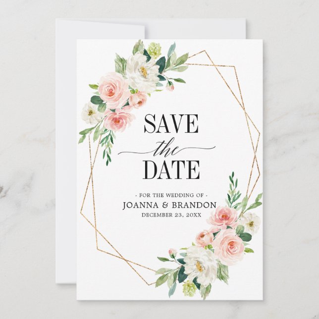Blush Pink Florals Moderner geometrischer Goldrahm Save The Date (Vorderseite)