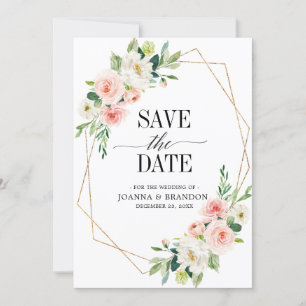 Blush Pink Florals Moderner geometrischer Goldrahm Save The Date