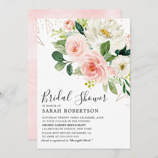Blush Pink Florals Modernes botanisches Brautparty Einladung (Vorne/Hinten)