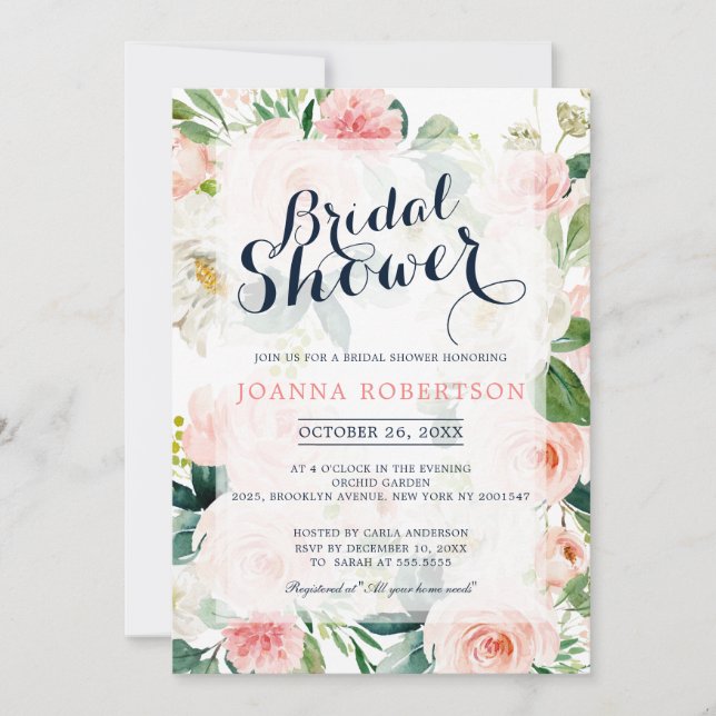 Blush Pink Florals Modernes botanisches Brautparty Einladung (Vorderseite)