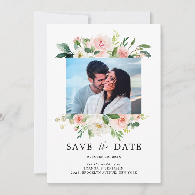 Blush Pink Florals Modernes botanisches Hochzeitsf Save The Date (Vorderseite)