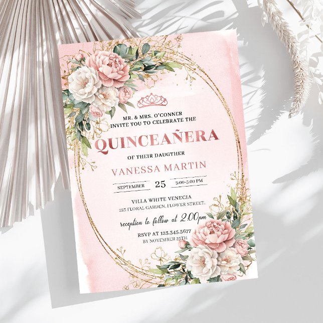 Blush Pink Flowers Eucalyptus Quinceañera Invite Einladung (Blush Pink Flowers Eucalyptus Quinceañera Invite)
