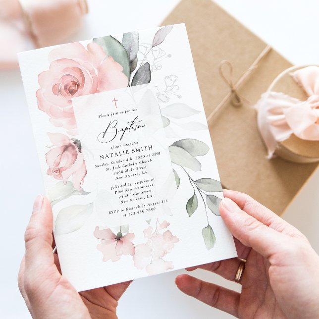 Blush Pink Flowers, Greenery, Boho, Floral Baptism Einladung (Von Creator hochgeladen)