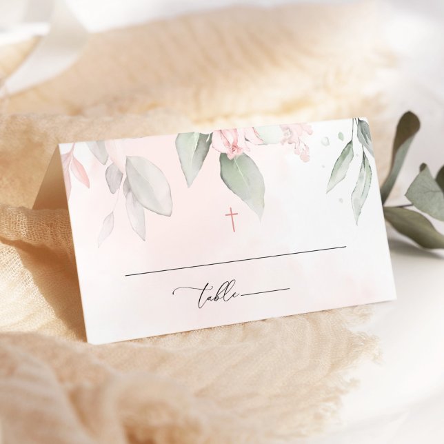 Blush Pink Flowers, Greenery, Boho, Floral Baptism Platzkarte (Von Creator hochgeladen)