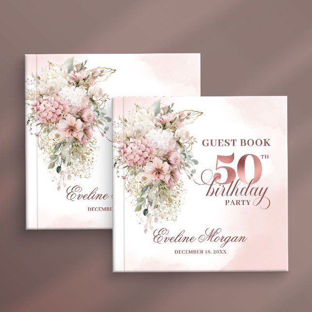 Blush Pink Flowers Rose Gold 50th Birthday Party  Gästebuch (Blush Pink Flowers Rose Gold 50th Birthday Party Guest Book

)