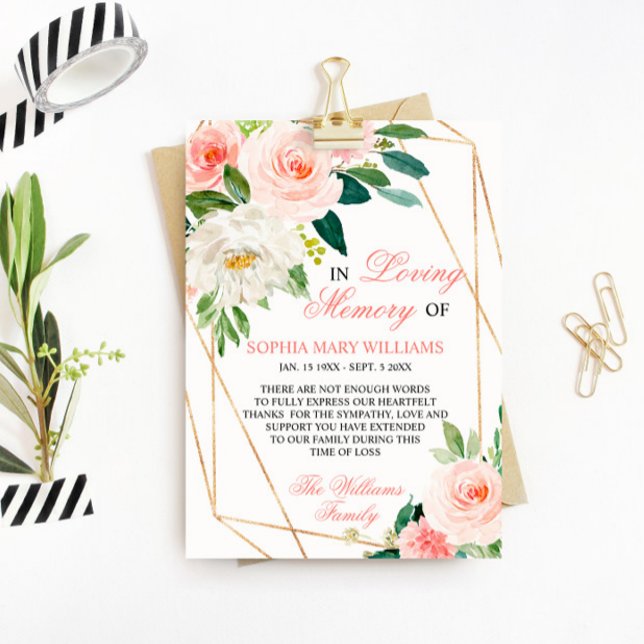 Blush Pink Flowers Sympathy Memory Dankeskarte (Von Creator hochgeladen)