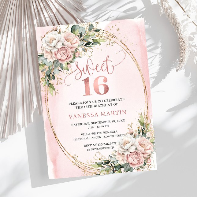 Blush Pink Flowers with Greenery Sweet Sixteen  Einladung (Blush Pink Flowers with Greenery Sweet Sixteen Invite)