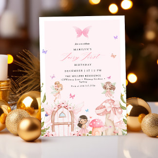 Blush Pink Forest Butterflies Fairy First Birthday Einladung
