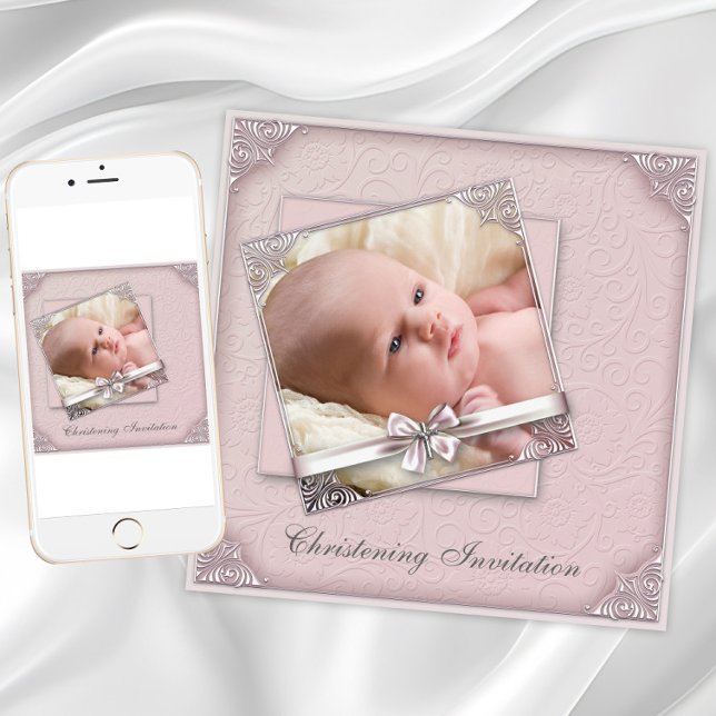Blush Pink Foto Christening Einladung (Blush pink christening invitation. Add photo and text. Download and printed invitations available.)