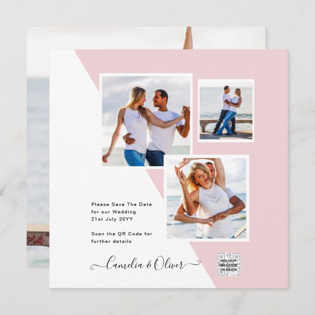 Blush PINK Foto Wedding Invite QR Code Retten Datu (Vorne/Hinten)