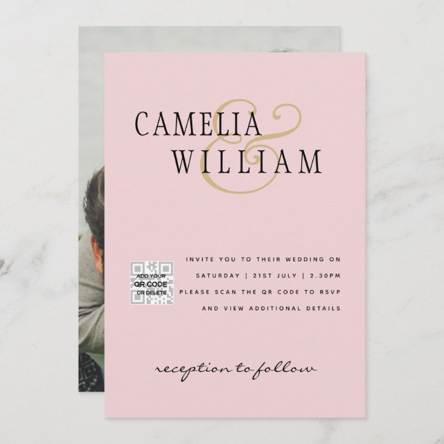 Blush PINK Foto Wedding Invite QR Code Retten Datu Einladung (Vorne/Hinten)