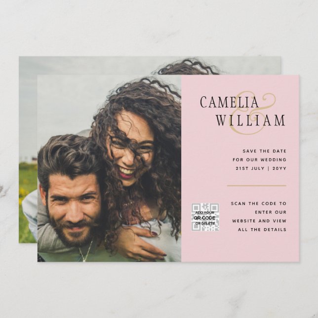 Blush PINK Foto Wedding Invite QR Code Retten Datu Einladung (Vorne/Hinten)
