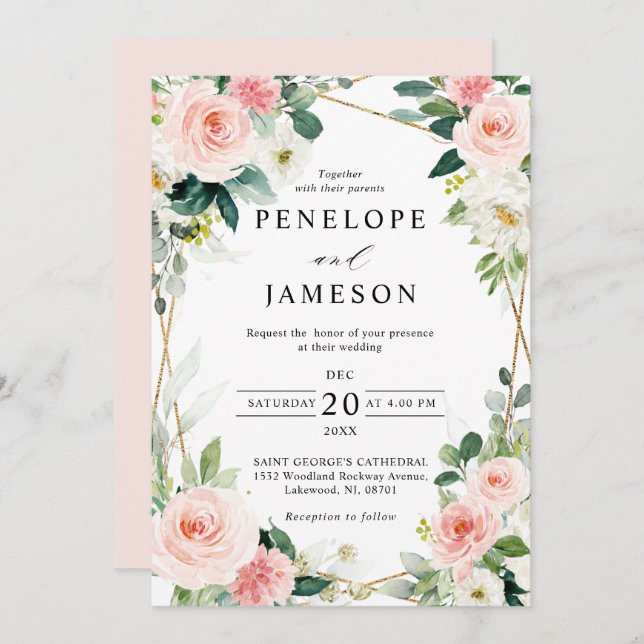 Blush Pink Geometric Botanical Wedding Einladung (Vorne/Hinten)