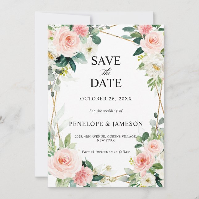 Blush Pink Geometric Botanical Wedding Save The Date (Vorderseite)