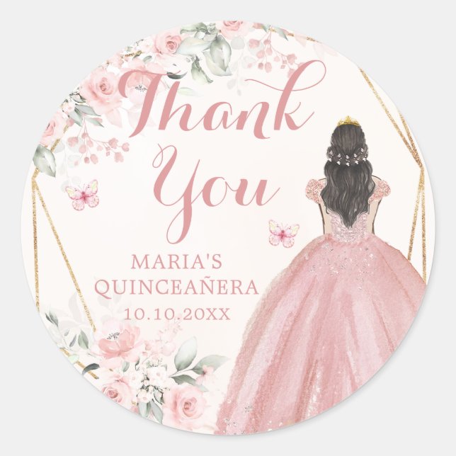 Blush Pink Geometric Floral Quinceañera Vielen Dan Runder Aufkleber (Vorderseite)
