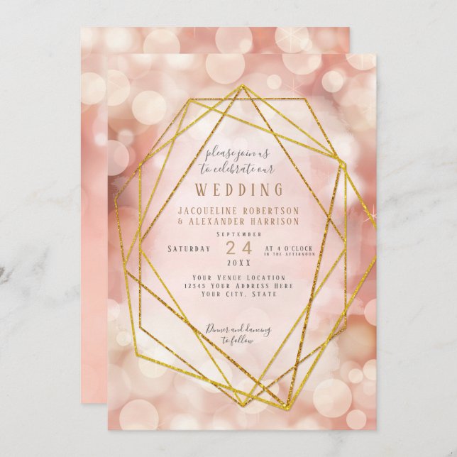 Blush Pink Geometric Gold Glitzer Twinkle Lights Einladung (Vorne/Hinten)