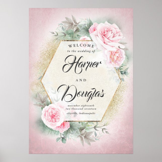 Blush Pink Geometric Wedric Begrüßungszeichen Poster (Vorne)