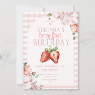 Blush Pink Gingham Berry Sweet Birthday Einladung