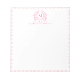 Blush Pink Gingham Floral Crest Monogram Notizblock