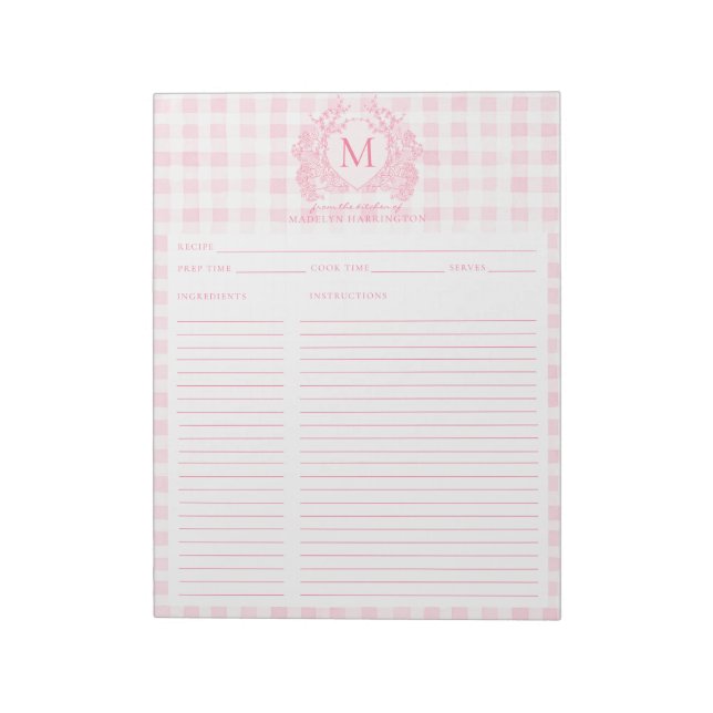 Blush Pink Gingham Floral Crest Monogram Recipe Notizblock (Rotiert)