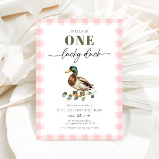 Blush Pink Gingham One Lucky Duck 1. Geburtstag Einladung
