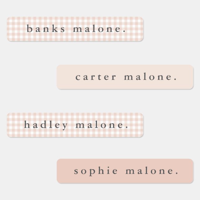 Blush Pink Gingham Waterproof Name Etiketten (Gruppe)