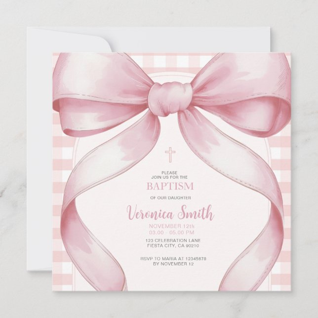 Blush Pink Girl BaptismBow Pearl Necklace Einladung (Vorderseite)