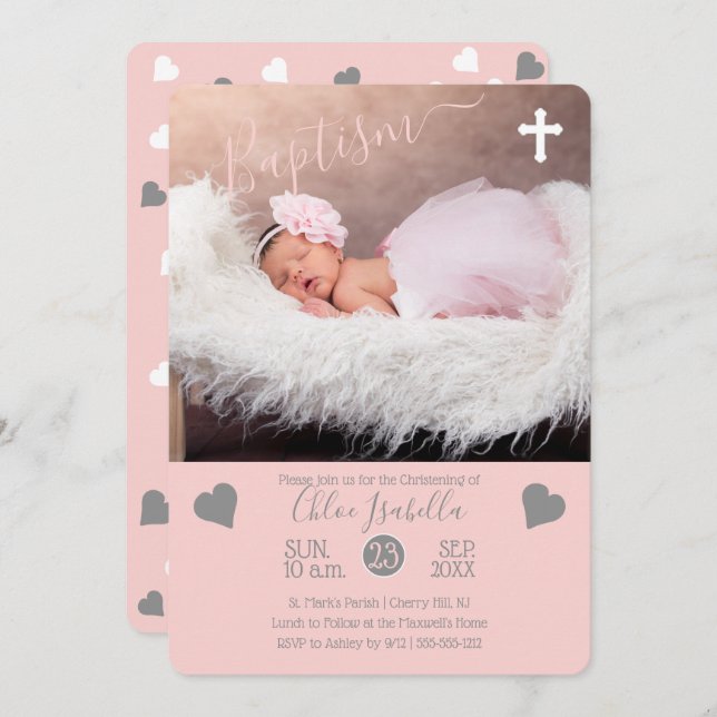 Blush Pink Girl Hearts Christening Taufe Foto Einladung (Vorne/Hinten)