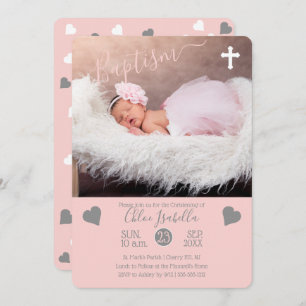 Blush Pink Girl Hearts Christening Taufe Foto Einladung