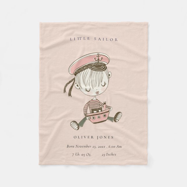 Blush Pink Girl Little Sailor Nautical Birth Stat Fleecedecke (Vorderseite)