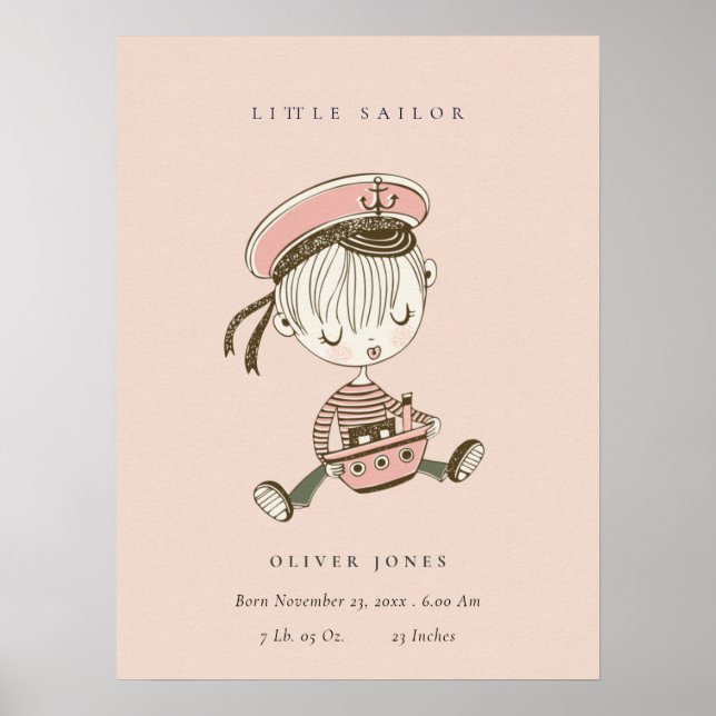 Blush Pink Girl Little Sailor Nautical Birth Stat Poster (Vorne)