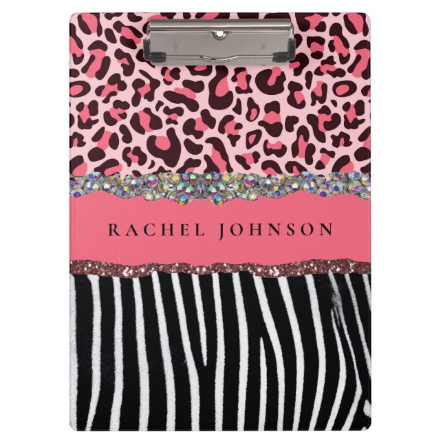 Blush Pink Girly Glitzer Leopard Print Spirale nic Klemmbrett (Vorderseite)
