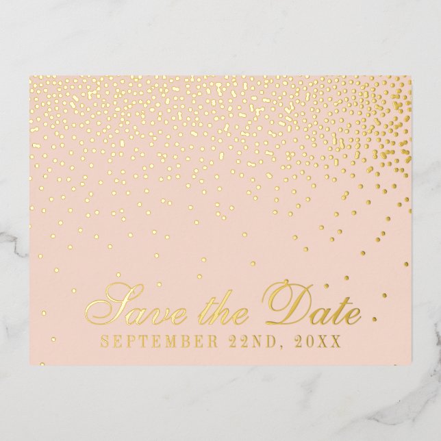 Blush Pink & Glam Confetti Save the Date Real Folie Einladungspostkarte (Vorderseite)