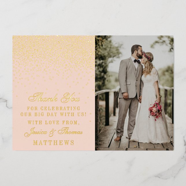 Blush Pink & Glam Confetti Wedding Foto Vielen Dan Folieneinladung (Vorderseite)