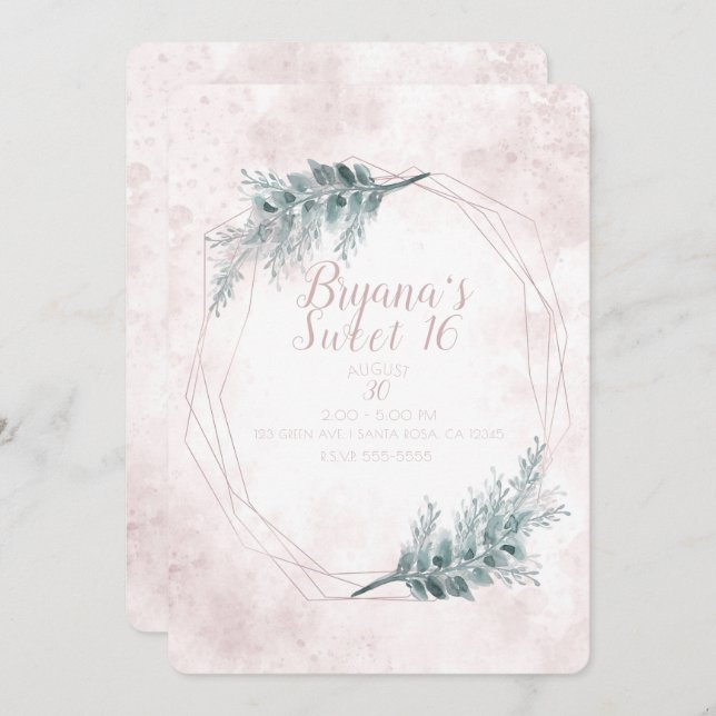 Blush Pink Glam Geometric Botanical Sweet 16 Party Einladung (Vorne/Hinten)