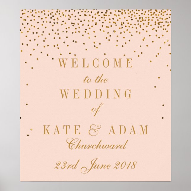 Blush Pink & Glam Gold Confetti Hochzeit Willkomme Poster (Vorne)