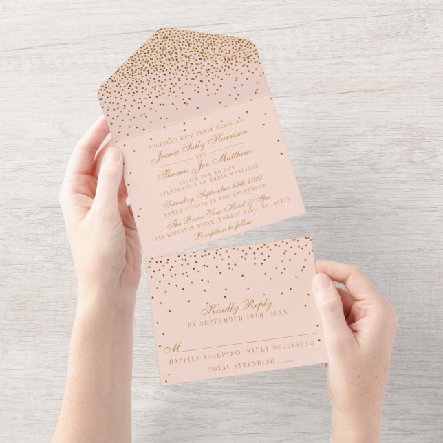Blush Pink & Glam Gold Confetti Wedding All In One Einladung (Abreißen)