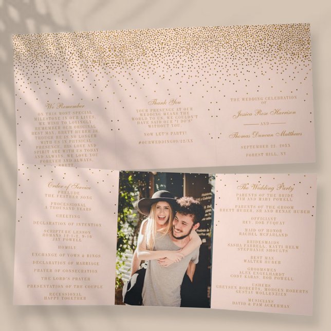 Blush Pink & Glam Gold Confetti Wedding Collection Dreifach-gefaltete Programmkarte (Von Creator hochgeladen)