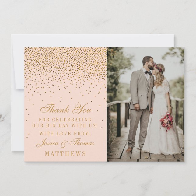 Blush Pink & Glam Gold Confetti Wedding Foto Dankeskarte (Vorderseite)