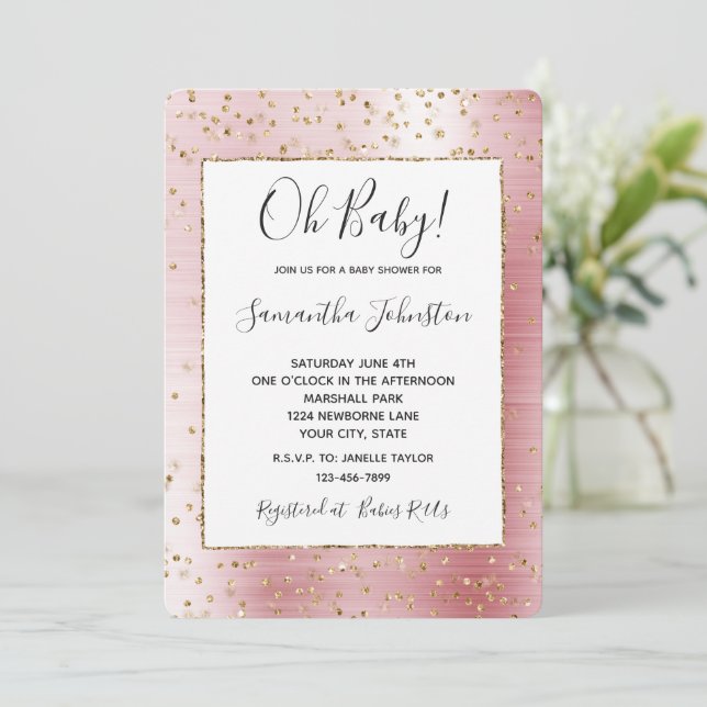 Blush Pink Glam Gold Sparkle Confetti Kinderdusche Einladung (Stehend Vorderseite)