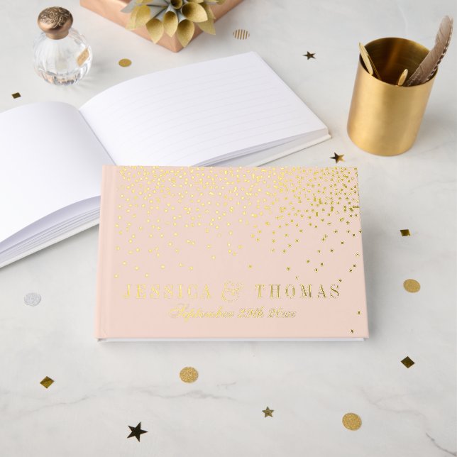 Blush Pink & Glam Rose Gold Confetti Wedding Gästebuch (Vorderseite Offen)