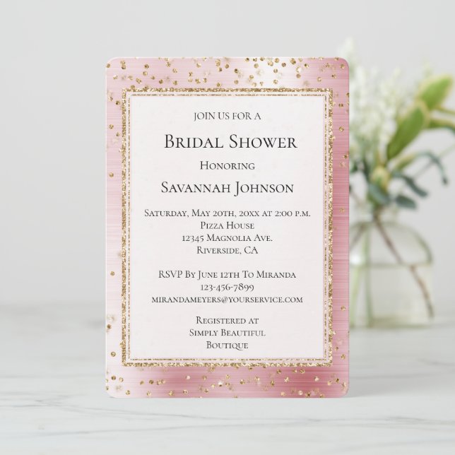 Blush Pink Glam Sparkle Confetti Brautparty Einladung (Stehend Vorderseite)