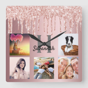 Blush pink glitter drips photo collage family name quadratische wanduhr